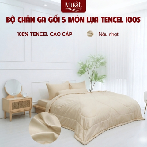[Tencel 100s] Bộ chăn ga gối Lụa Tencel 100s 5 món cao cấp Mướt Bedding, chăn chần bông đầy đủ kích thước - Nâu nhạt - 1m8x2m (Dày 5-22cm)