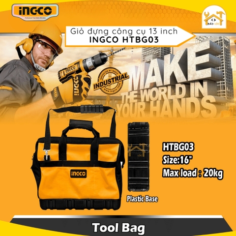 Túi đồ nghề INGCO HTBG03 16 inch, đế nhựa chống mài mòn, vải chống thấm, có quai đeo trên vai