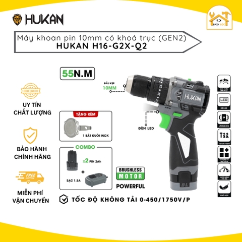 [Mới 2025] Máy khoan pin HUKAN H16-G2X-Q2, Lực siết 55Nm - Động cơ Không chổi than, Đầu Kẹp 10mm