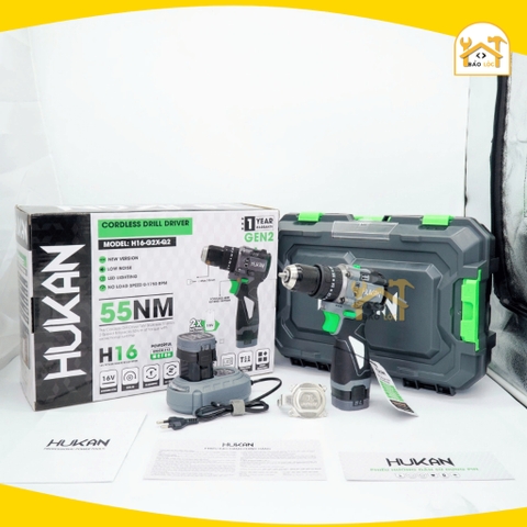[Mới 2025] Máy khoan pin HUKAN H16-G2X-Q2, Lực siết 55Nm - Động cơ Không chổi than, Đầu Kẹp 10mm