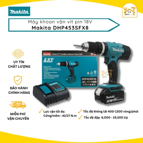 Máy khoan búa, vặn vít dùng pin 18V Makita DHP453SFX8 (Combo pin + sạc) - Hàng chính hãng.