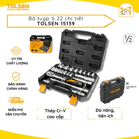 Bộ đầu tuýp 1/2, bộ đồ nghề sửa xe 22 chi tiết Tolsen 15139 - Hàng chính hãng
