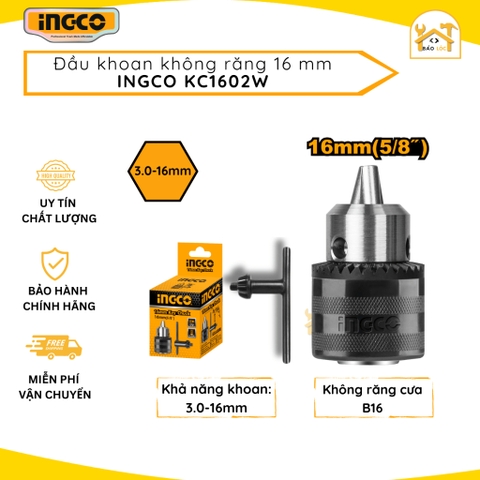 Đầu khoan 16mm không ren/ răng cho máy khoan bàn INGCO KC1602W, kèm theo 1 khoá vặn 80mm - Hàng chính hãng.