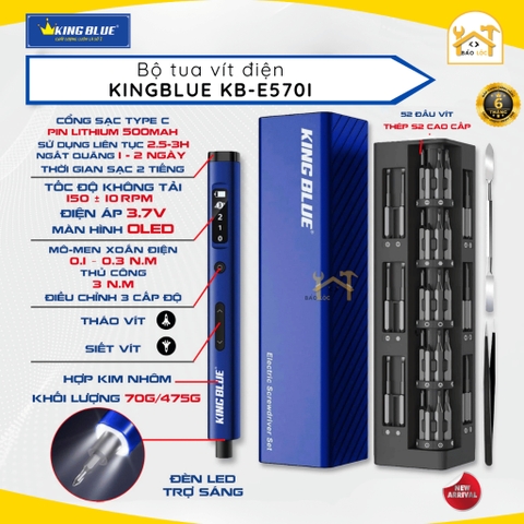 Kingblue Bộ Tua Vít Điện 57 Chi Tiết KB-E5701 - Hàng Chính Hãng, Đèn LED Trợ Sáng, Màn Hình OLED, 3.7V, 500mAh