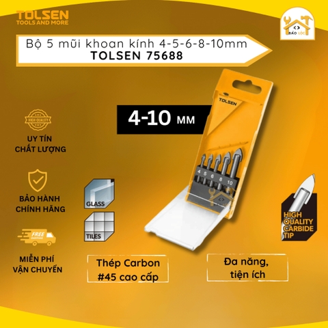 Bộ 5 mũi khoan kính kích thước 4,5,6,8,10mm Tolsen 75688 , chất liệu thép Carbon #45- Hàng chính hãng.