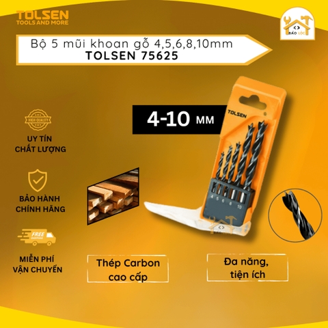 Bộ 5 mũi khoan gỗ 4,5,6,8,10mm TOLSEN 75625, chât liệu Thép Carbon đánh bóng đen - Hàng chính hãng.
