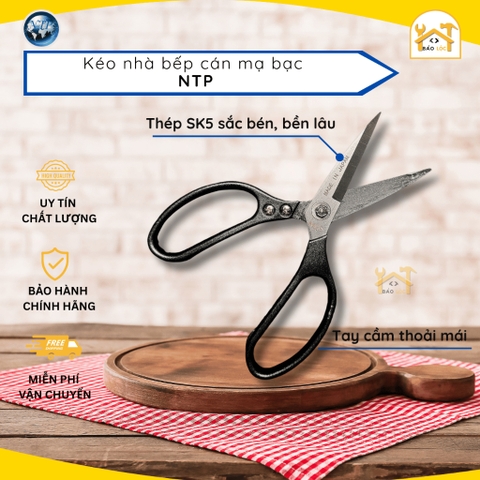 Kéo gia dụng NTP chất liệu Thép SK5 – Lưỡi sắc bén, tay cầm mạ bạc.