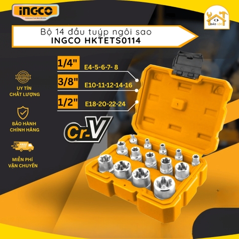 Bộ 14 tuyp ngôi sao INGCO HKTETS0114 sửa chữa, lắp đặt, vặn siết hoặc mở bu lông, đai ốc, chất liệu thép Cr-V xử lý nhiệ