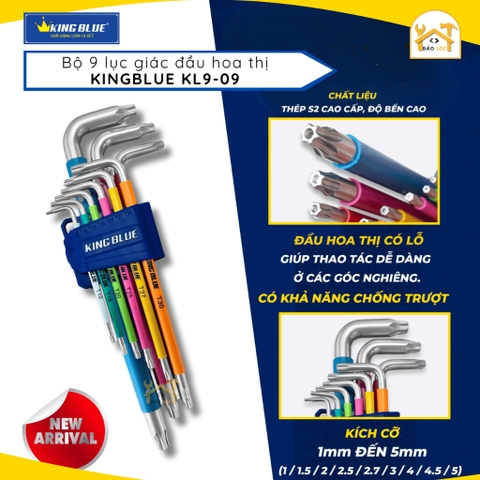 Bộ 9 lục giác KingBlue KL9-09 (đầu hoa thị) - Thép S2 cao cấp có độ bền cao - Hàng chính hãng.