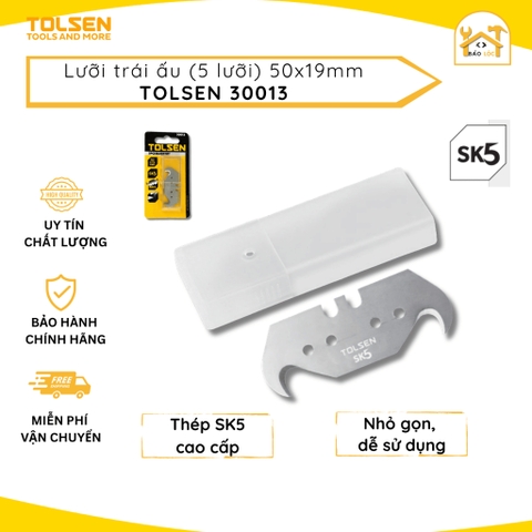 Hộp 5 lưỡi rọc cáp mỏ cong, lưỡi rọc giấy trái ấu 50x19mm Tolsen 30013, Thép SK5 bền bỉ, sắc bén - Hàng chính hã