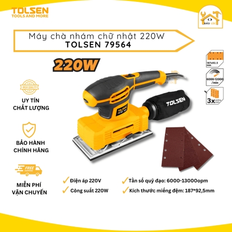 Máy chà nhám cầm tay 220W TOLSEN 79564, tần số quỹ đạo 13.000rpm, chà nhám vách thạch cao, trần nhà - Hàng chính hãng.