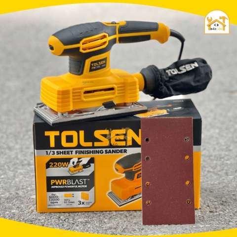Máy chà nhám cầm tay 220W TOLSEN 79564, tần số quỹ đạo 13.000rpm, chà nhám vách thạch cao, trần nhà - Hàng chính hãng.
