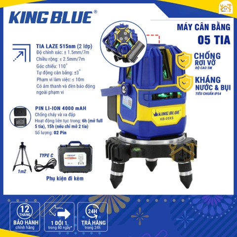 Máy cân bằng Laser 5 tia Kingblue KB-05XS (Tặng kèm Tripod 1m2) - Hàng chính hãng