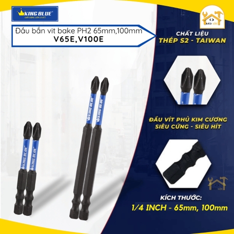 Mũi bắn vít bake PH2 KingBlue V65E/ V100E Đầu vít lục giác dài 65 - 100mm, chất liệu thép S2 Mũi bắt vít có từ tính
