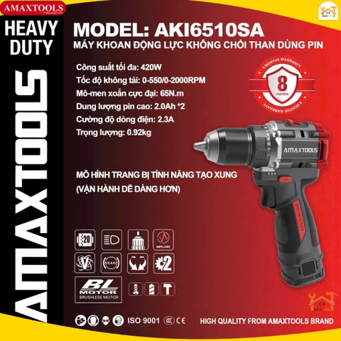 Máy khoan dùng pin 16V AMAXTOOLS AKI6510SA-PRO bộ 2 pin - 3 chức năng (Combo 2pin, 1 sạc) - Hàng chính hãng.