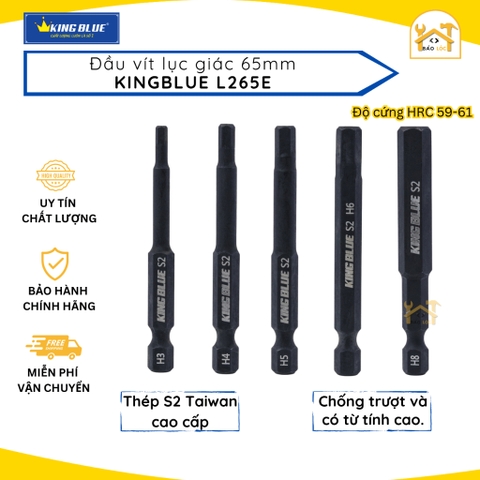 Đầu vít lục giác 65mm KingBlue L265E, Chất liệu: Thép S2 Taiwan cao cấp, chống trượt và có từ tính cao