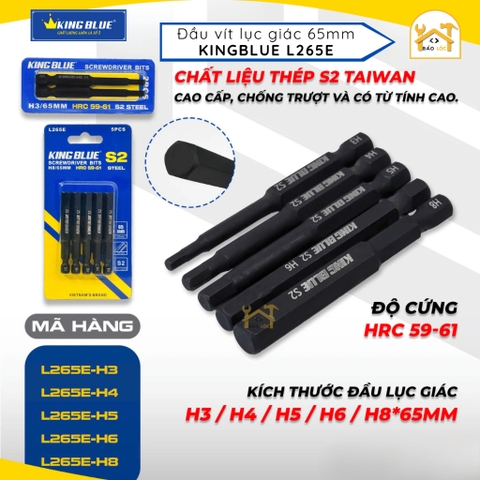 Đầu vít lục giác 65mm KingBlue L265E, Chất liệu: Thép S2 Taiwan cao cấp, chống trượt và có từ tính cao