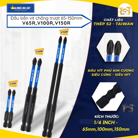 Mũi bắn vít bake PH2 chống trượt Kingblue, Thép S2 Taiwan, từ tính cao, siêu cứng 65mm,100mm,150mm -  V65R,V100R,V150R -