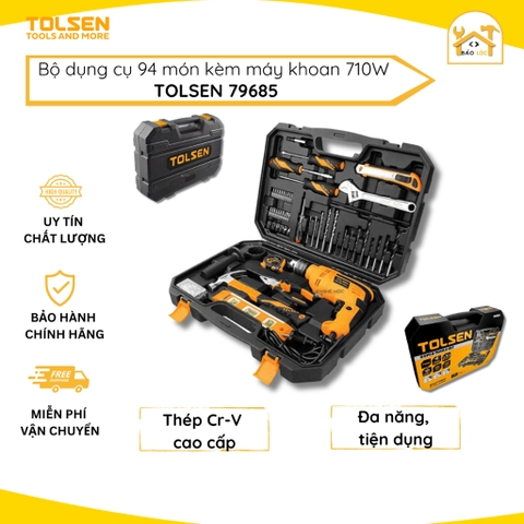 Bộ Dụng Cụ Gia Đình 94 Chi Tiết kèm Máy Khoan Điện Đầu Kẹp 13 ly 710W Tolsen 79685 - Hàng chính hãng.