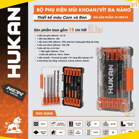 Bộ phụ kiện mũi khoan và vít đa năng HUKAN G1-BPK015, Sản phẩm gồm 15 chi tiết - Hàng chính hãng.