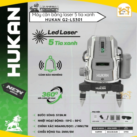(CẢI TIẾN) Máy Cân Bằng Laser HUKAN Gen 2 G2-LS301 Siêu Sáng 5 Tia Xanh, Chip thông minh cân bằng tự động