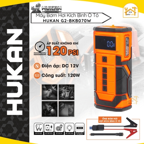 Máy bơm hơi kích bình ô tô pin HUKAN G2-BKB070W, Áp suất 120psi, Công suất 120w, Điện áp DC 12v