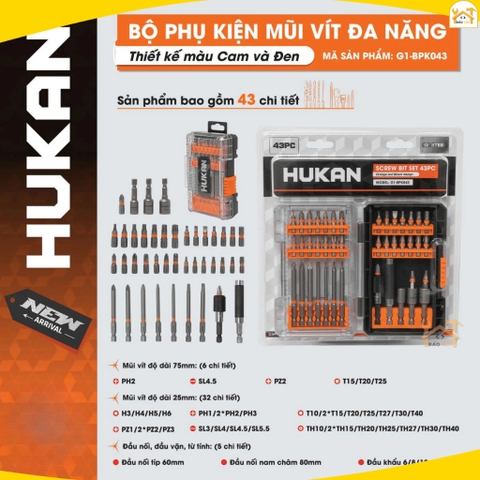 Bộ phụ kiện mũi vít đa năng 43 chi tiết HUKAN G1-BPK043, Mũi vít bake, dẹp, lục giác, mũi tôn đa dạng siêu cứng