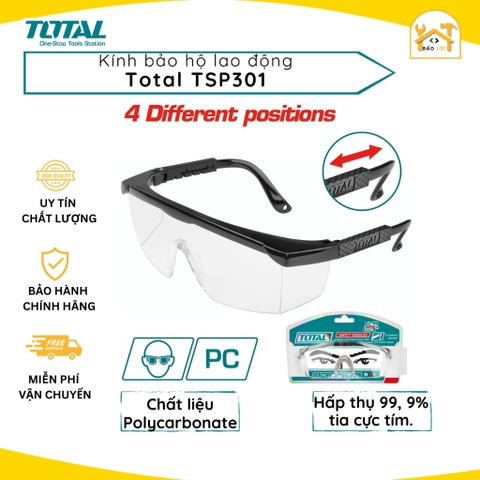 Kính bảo hộ lao động Total TSP301,Chất liệu Polycarbonate siêu nhẹ, Hấp thụ 99, 9% tia cực tím - Hàng chính hãng.