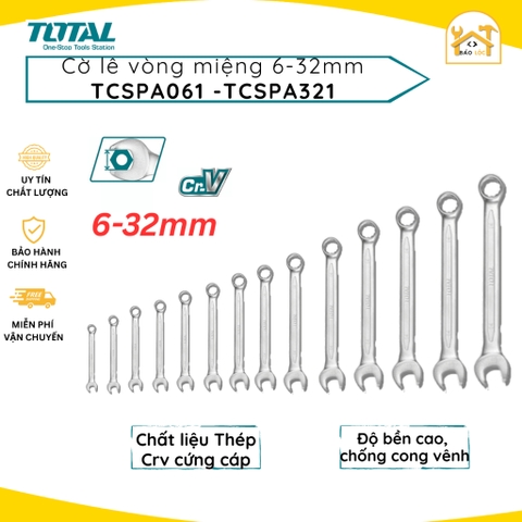 Cờ lê vòng miệng 6-32mm TOTAL TCSPA061-TCSPA321, chất liệu Thép CrV cứng cáp, chống cong vênh, đồ bền cao