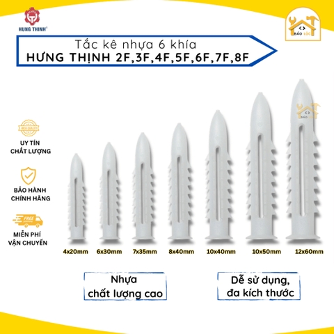 Combo Bịch, Bộ 100,200 tắc kê nhựa nở 6 khía cao cấp đóng tường HƯNG THỊNH 2F,3F,4F,5F,6F,7F,8F ( Nhiều kích thước ).