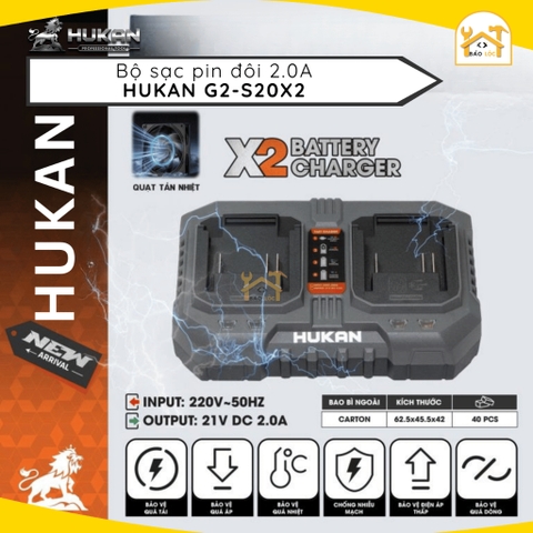 Sạc đôi HUKAN G2-S20X2, Công suất 2A, Bảo vệ dòng, Có quạt tản nhiệt - Dùng cho pin chân phổ thông