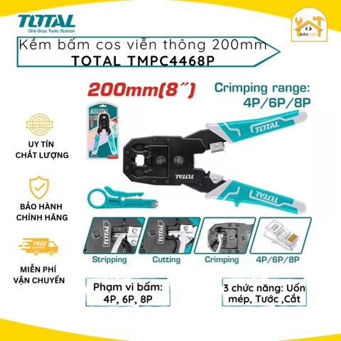 Kềm Bấm Cos Viễn Thông TOTAL TMPC4468P 8 inch – Uốn Mép, Tước, Cắt Dây Mạng & Điện Thoại