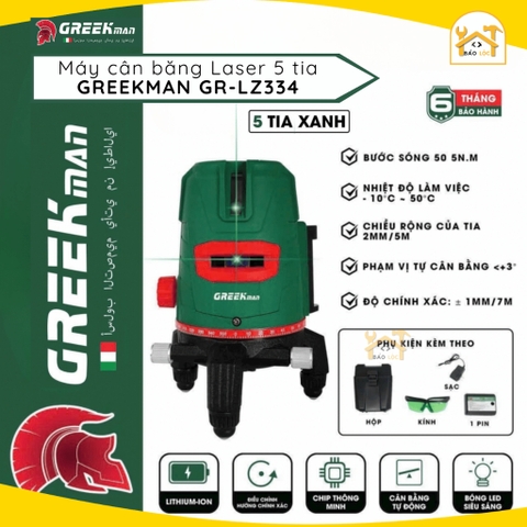 Máy cân bằng laser GREEK MAN GR-LZ334, 5 tia xanh bóng LED siêu sáng, Cân bằng tự động