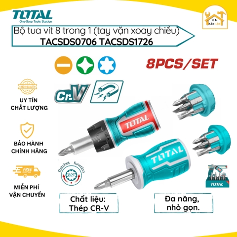Bộ Tua Vít 8 Trong 1 tay vặn xoay chiều TOTAL TACSDS0706/TACSDS1726 ,Chất liệu: Cr-V - Hàng chính hãng.