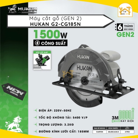 Máy cắt gỗ (GEN 2) Hukan G2-CG185N, Cống suất 1500w, Lưỡi cắt 185mm - Có cắt nghiêng 45 độ - Kèm 1 lưỡi