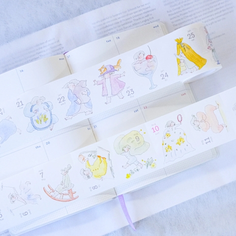 [Siêu phẩm] Chiết 1 tháng lịch năm 365 ngày dạng sticker cuộn Dodolulu | chất washi có đế | có đường cắt sẵn