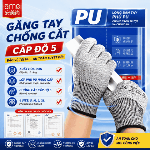 Găng tay phủ PU, mã AMS1006 (GĂNG TAY CHỐNG CẮT CẤP ĐỘ 5 tiêu chuẩn EN338 An toàn khi làm việc, lao động, thao tác chuẩn xác AMS1006)