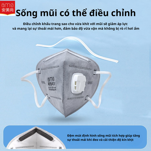 Khẩu trang hoạt tính có van KN95, quy cách A9541V (AMS, đóng gói riêng lẻ, có móc cài qua đầu, hộp 25 cái)