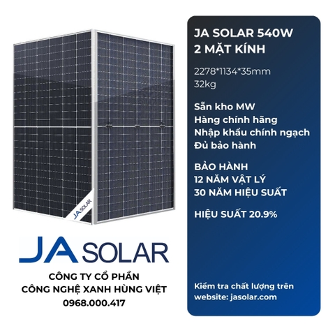 Tấm pin NLMT JASolar 540W 2 MẶT KÍNH Mono Halfcell Ptype bảo hành 12 năm 540WP JA72D30 540