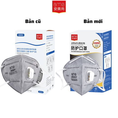 Khẩu trang hoạt tính có van KN95, quy cách A9541V (AMS, đóng gói riêng lẻ, có móc cài qua đầu, hộp 25 cái)