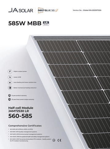 Tấm pin NLMT JA Solar 570W Mono Halfcell Ptype bảo hành 12 năm 570Wp - JAM72S30-550/MR