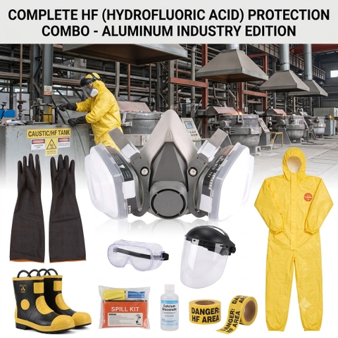 Combo bảo hộ lao động chống khí Axit Hydro florua HF trong nhà máy nhôm