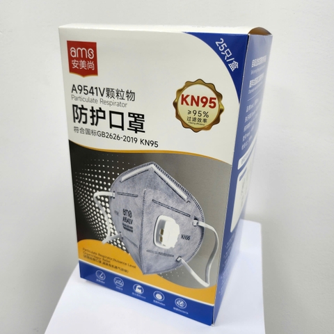 Khẩu trang hoạt tính có van KN95, quy cách A9541V (AMS, đóng gói riêng lẻ, có móc cài qua đầu, hộp 25 cái)