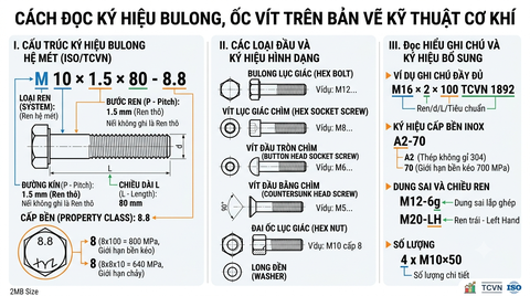 Cách Đọc Bản Vẽ Kỹ Thuật: Ký Hiệu Bulong, Ốc Vít Trên Bản Vẽ Cơ Khí