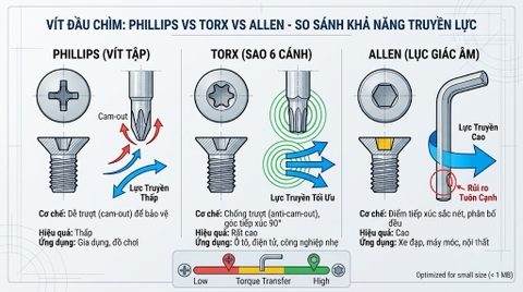 Vít Đầu Chìm Phillips vs Torx vs Allen: So Sánh Khả Năng Truyền Lực