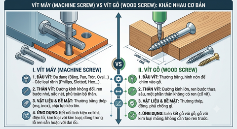 Vít Máy (Machine Screw) vs Vít Gỗ (Wood Screw): Khác Nhau Cơ Bản