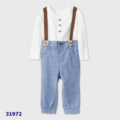 Set yếm xanh & bodysuit Cat&Jack trắng- size 0/3m