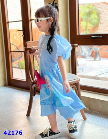 Áo dài Sofia xanh Elsa tay phồng - size 12-18m