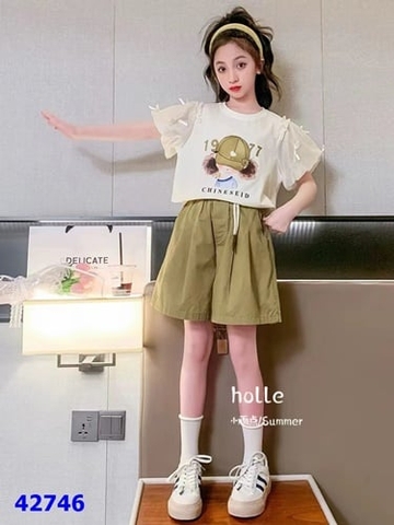 Bộ ngắn cô gái tay voan nơ kem xanh - size 130