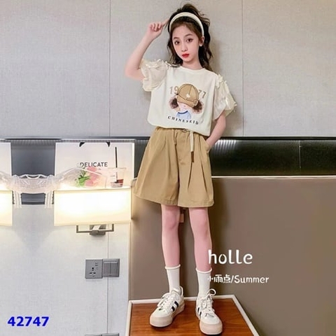 Bộ ngắn cô gái tay voan nơ kem nâu - size 110